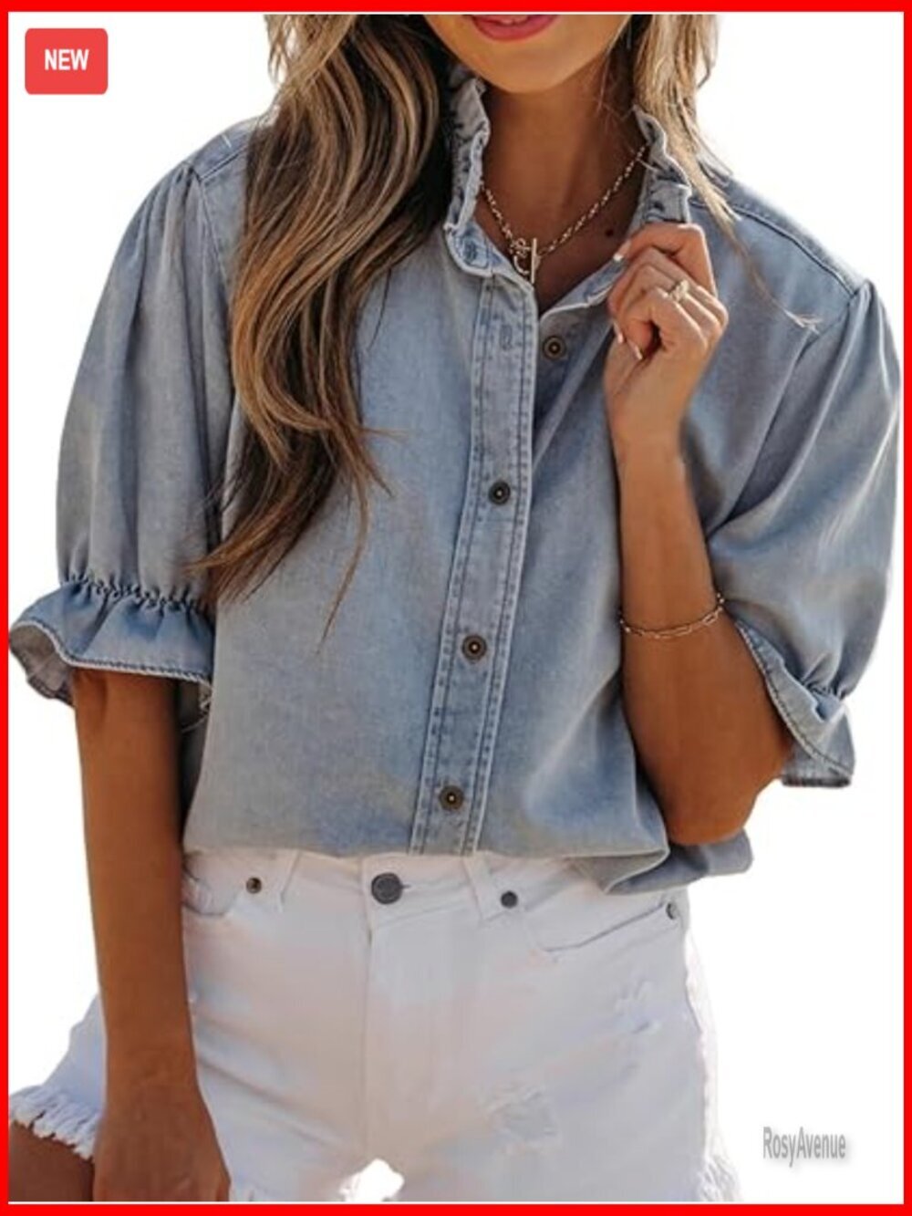 Bow Tie Front Denim Blouse Puff Sleeve Babydoll Peplum Shirt